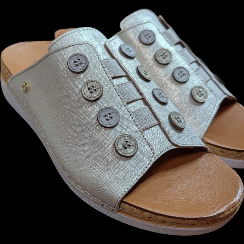 Revere Antalya Leather Button Slide Sandals Womens 7 Medium Gold Linen Metallic